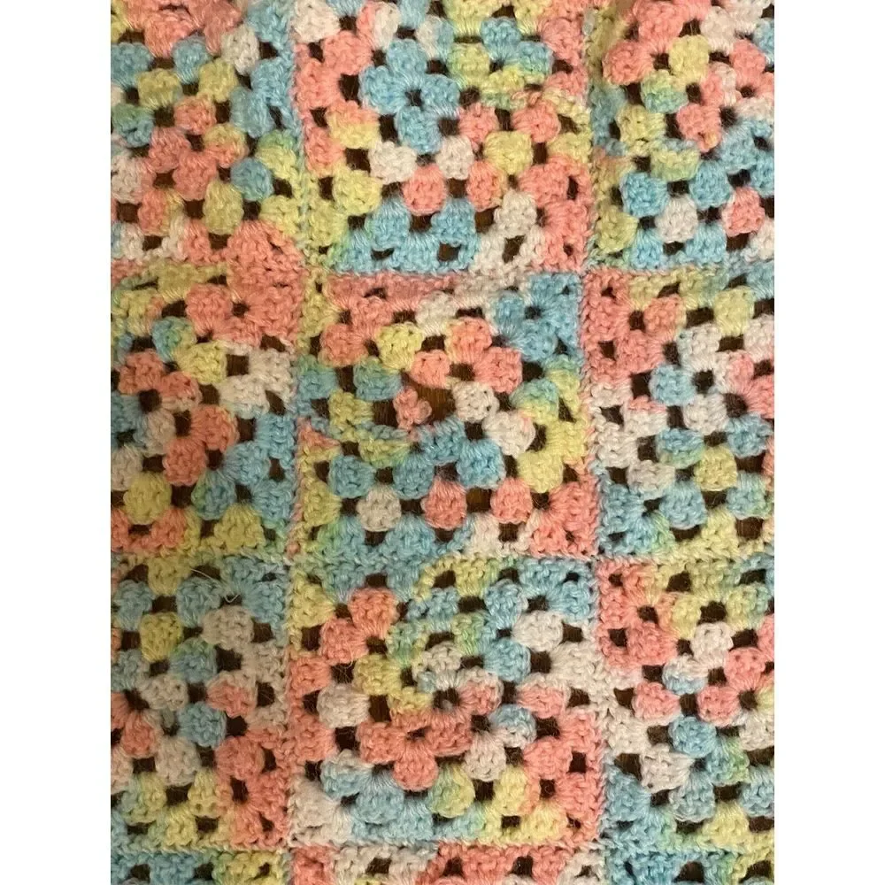 Vintage Hand-Knit Crochet Afghan Blanket Throw Pink Blue Yellow White 36